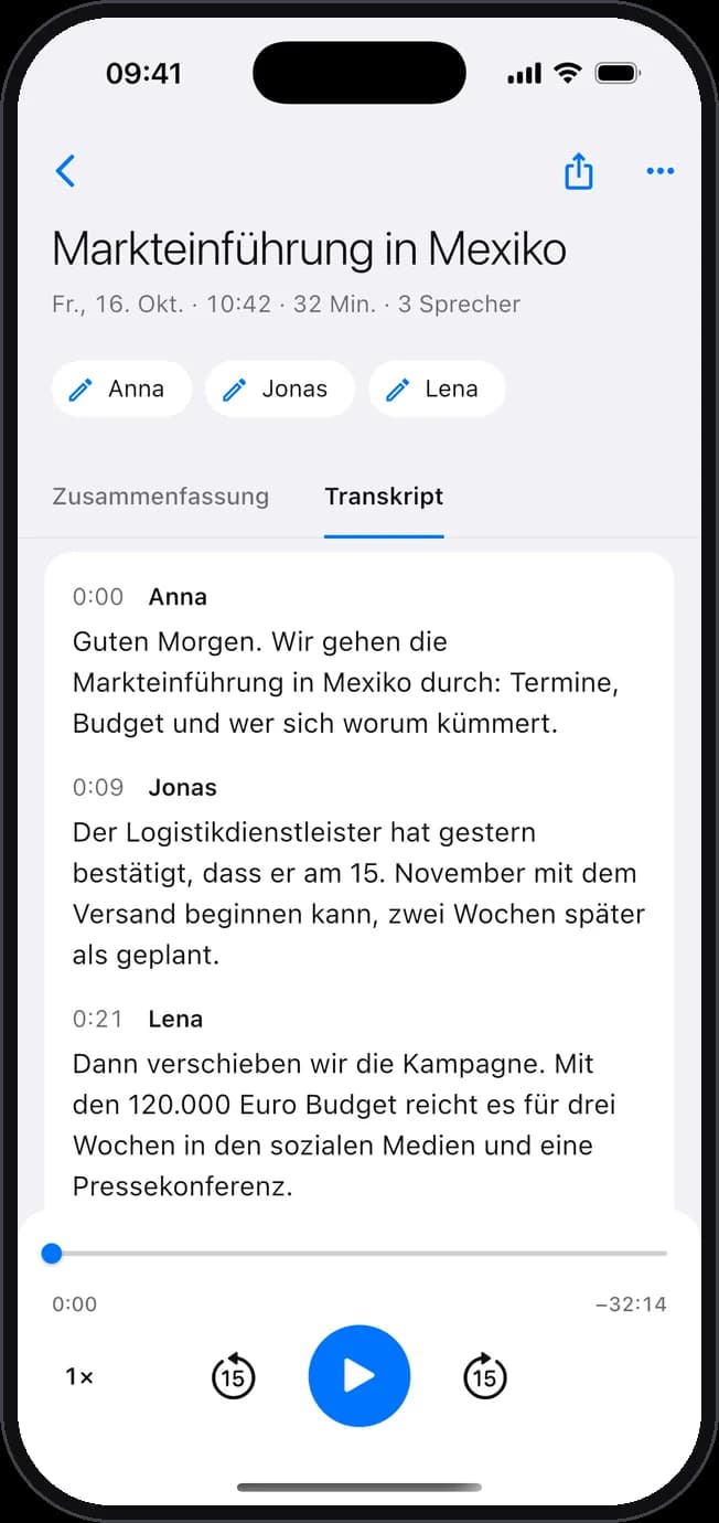 Transcriptor auf dem iPhone: die Transkription eines Meetings, mit dem Namen jeder Person.