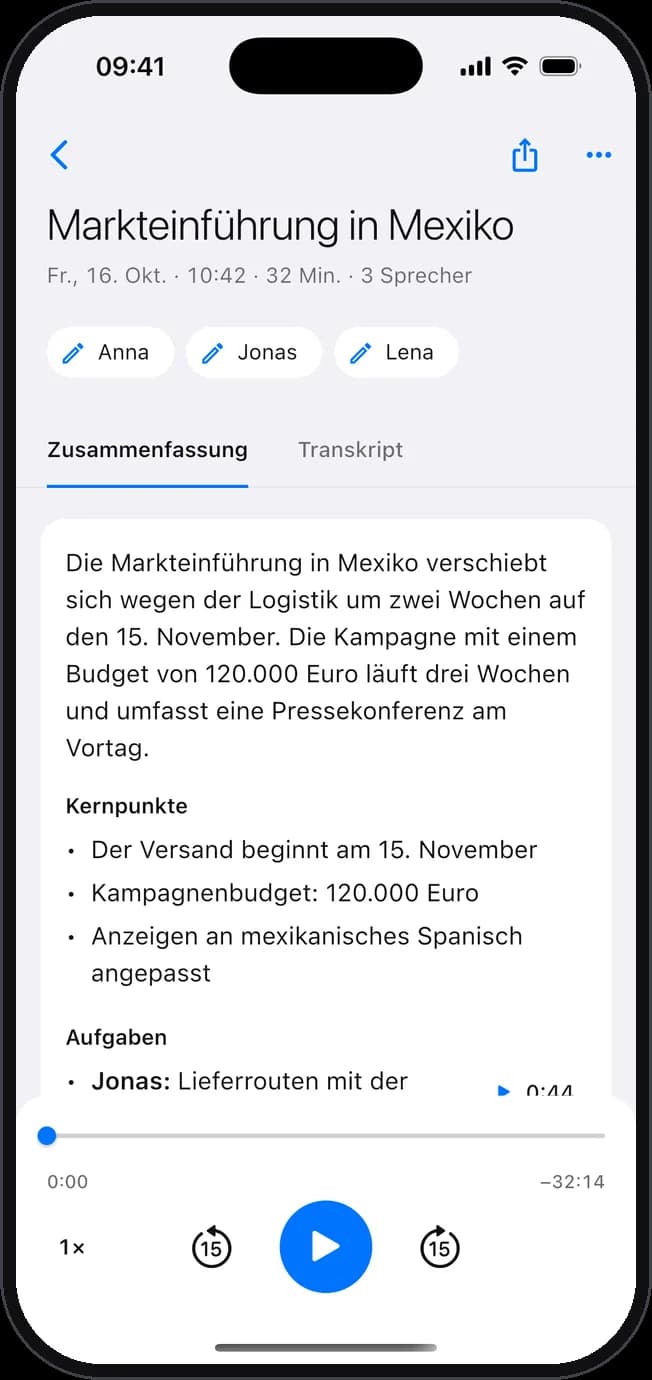 Die Zusammenfassung eines Meetings auf dem iPhone, mit Kernpunkten und Aufgaben.
