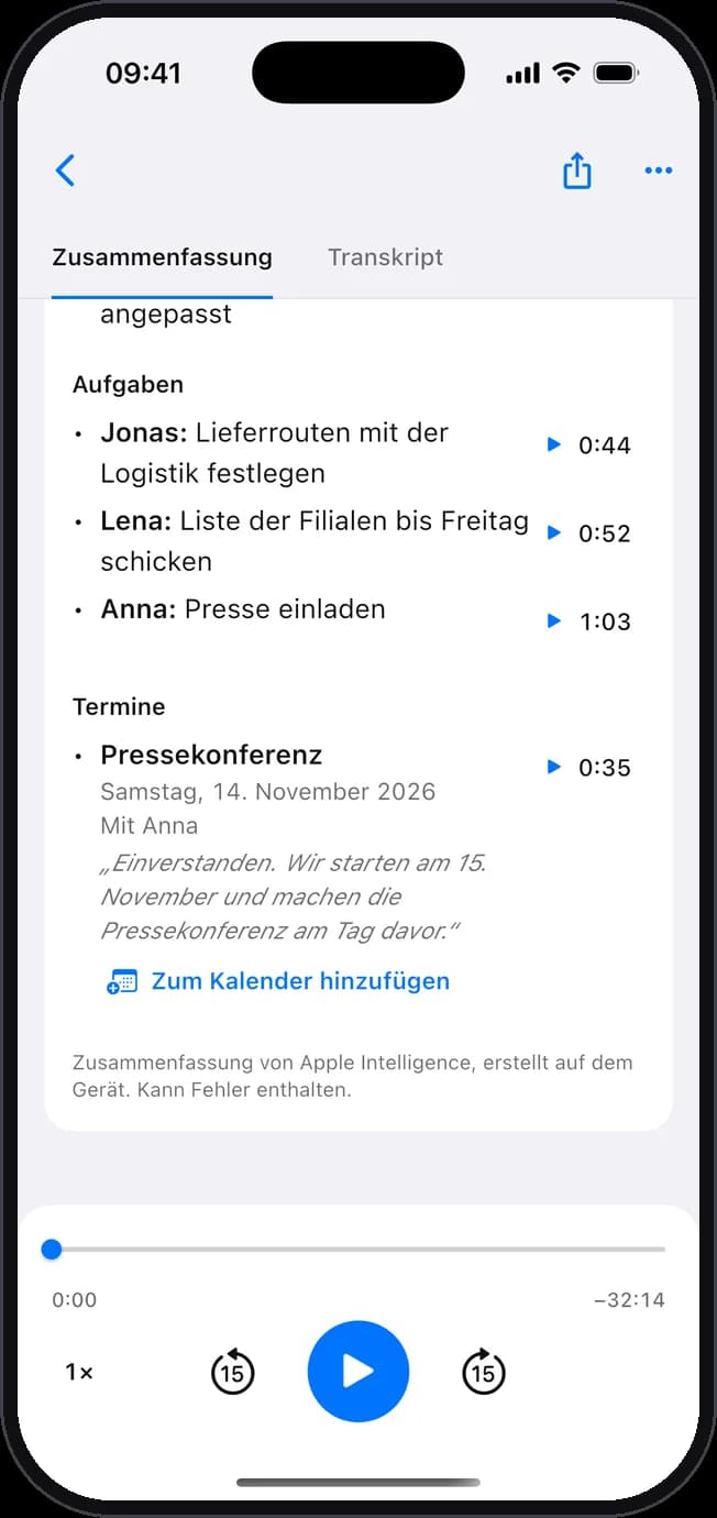 Die Aufgaben eines Meetings mit der verantwortlichen Person und ein Termin, bereit für den Kalender.