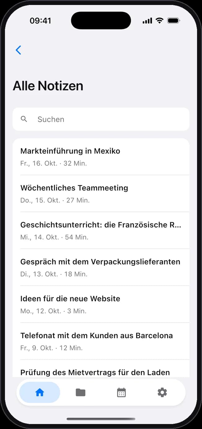 Die Liste aller Notizen, mit dem Suchfeld.