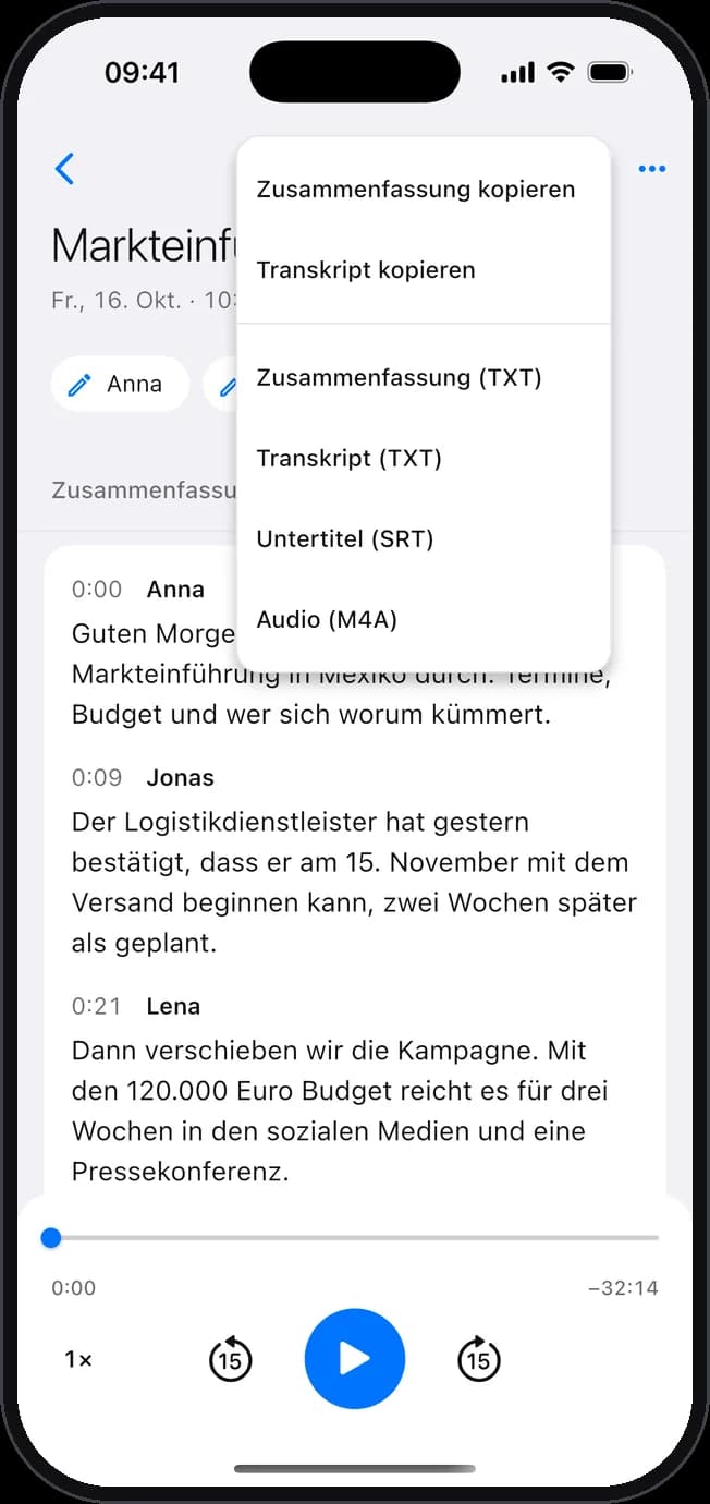 Das Menü zum Kopieren der Zusammenfassung oder der Transkription und zum Exportieren als Text, Untertitel oder Audio.