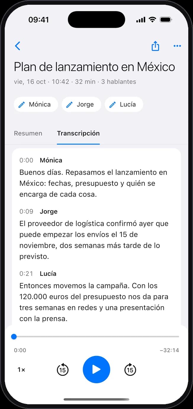 Transcriptor en el iPhone: la transcripción de una reunión, con el nombre de quien habla.