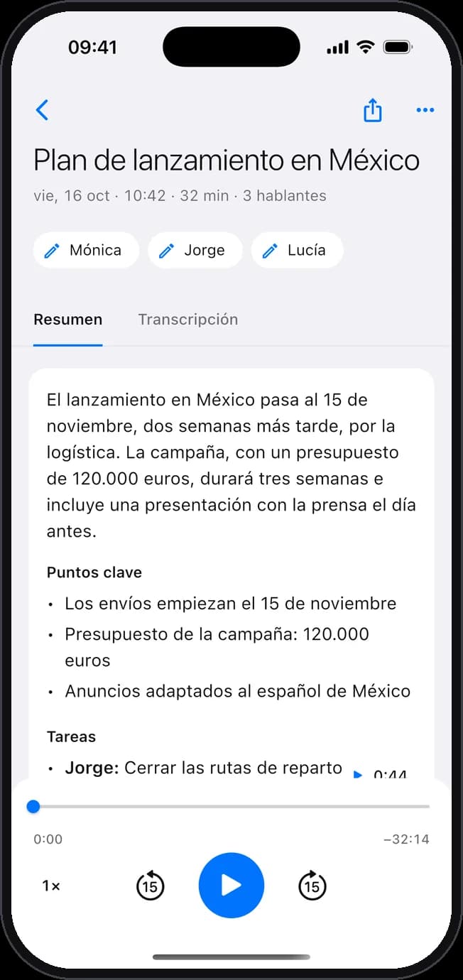 El resumen de una reunión en el iPhone, con sus puntos clave y sus tareas.