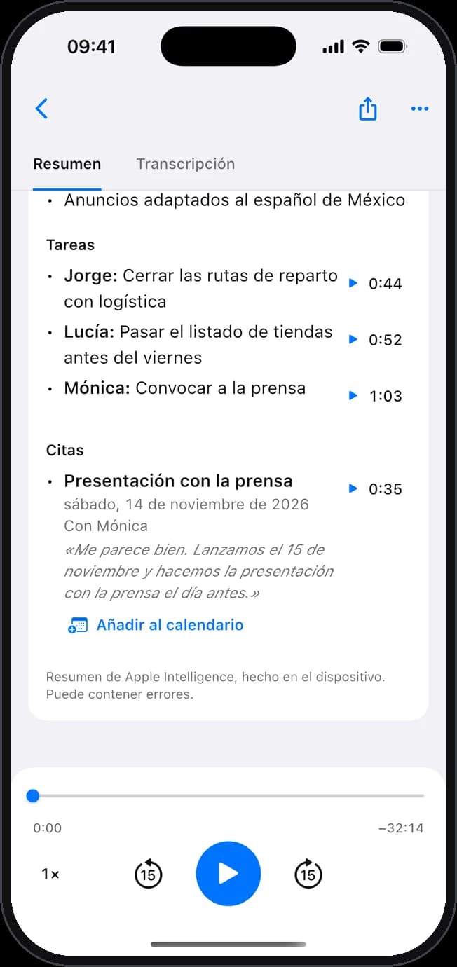 Las tareas de una reunión, con su responsable, y una cita lista para añadir al calendario.