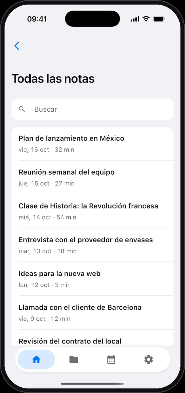 La lista de todas las notas, con el buscador.
