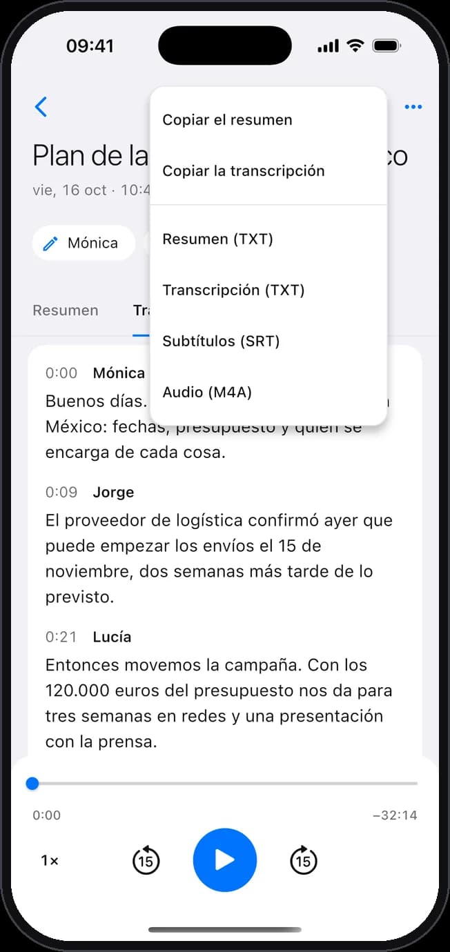 El menú para copiar el resumen o la transcripción, o exportarlos en texto, en subtítulos o el audio.
