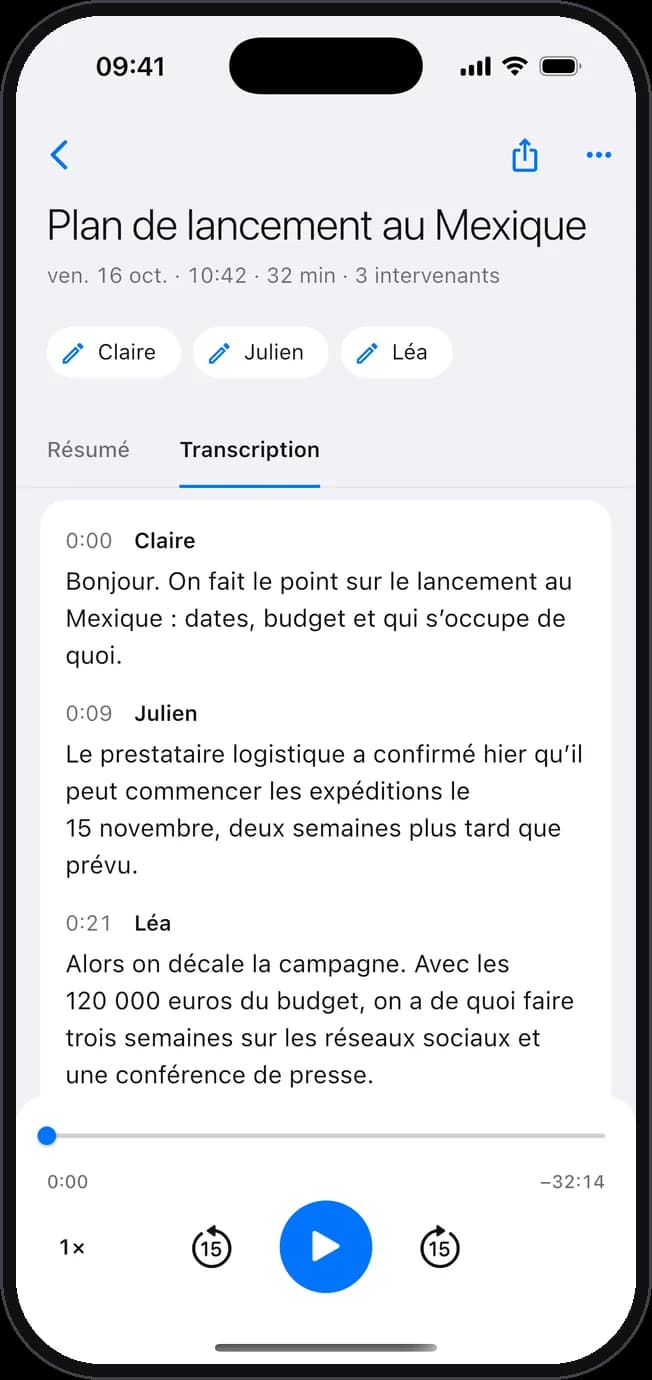 Transcriptor sur l’iPhone : la transcription d’une réunion, avec le nom de chaque personne qui parle.