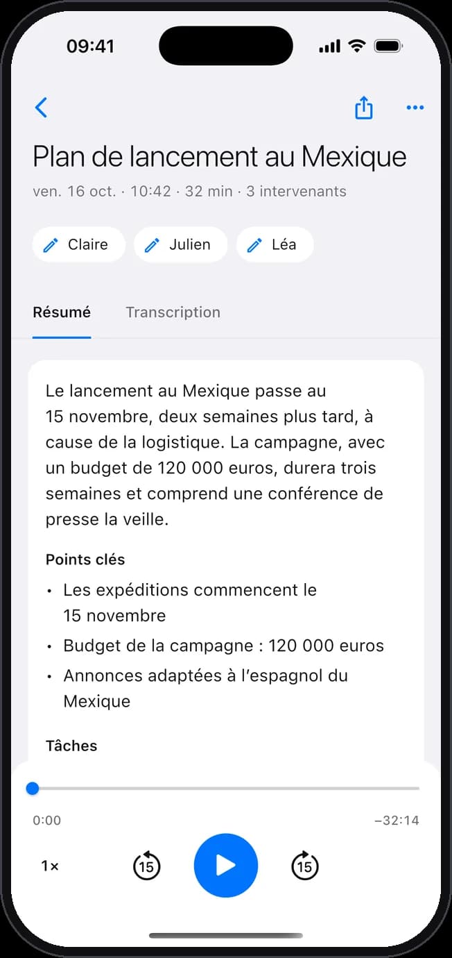 Le résumé d’une réunion sur l’iPhone, avec ses points clés et ses tâches.