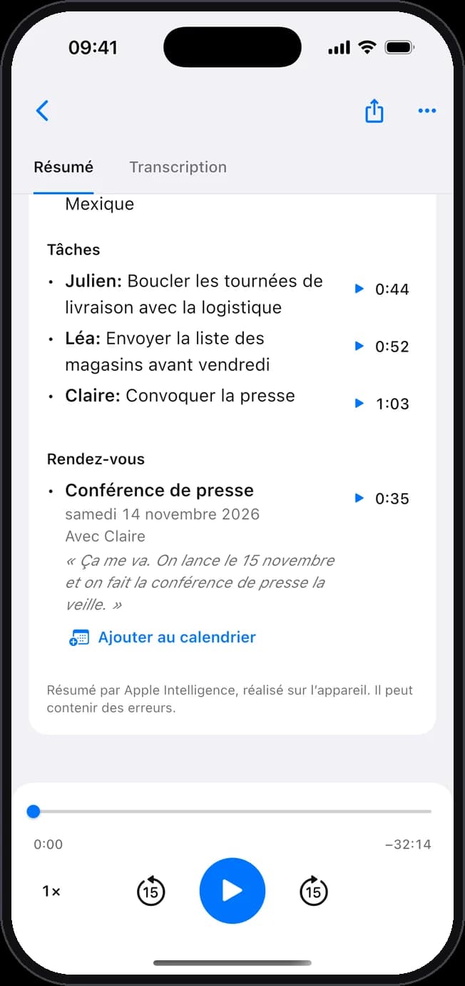Les tâches d’une réunion, avec leur responsable, et un rendez-vous prêt à être ajouté au calendrier.