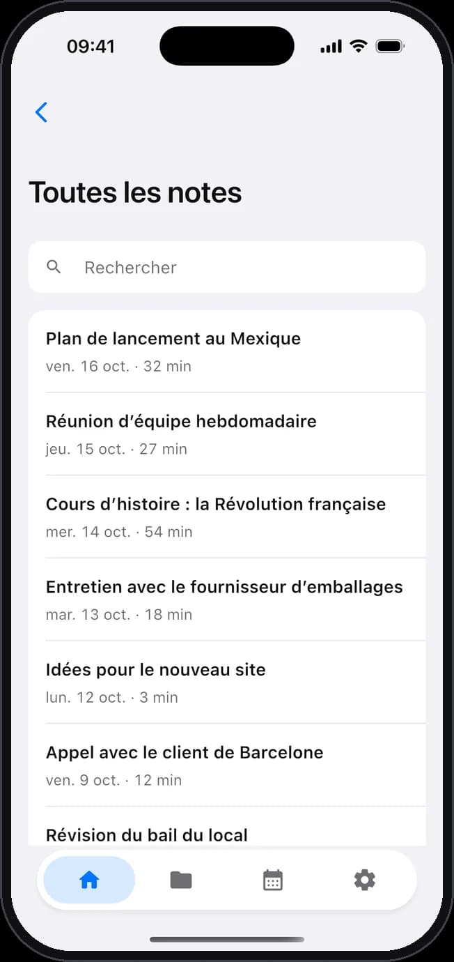 La liste de toutes les notes, avec la recherche.