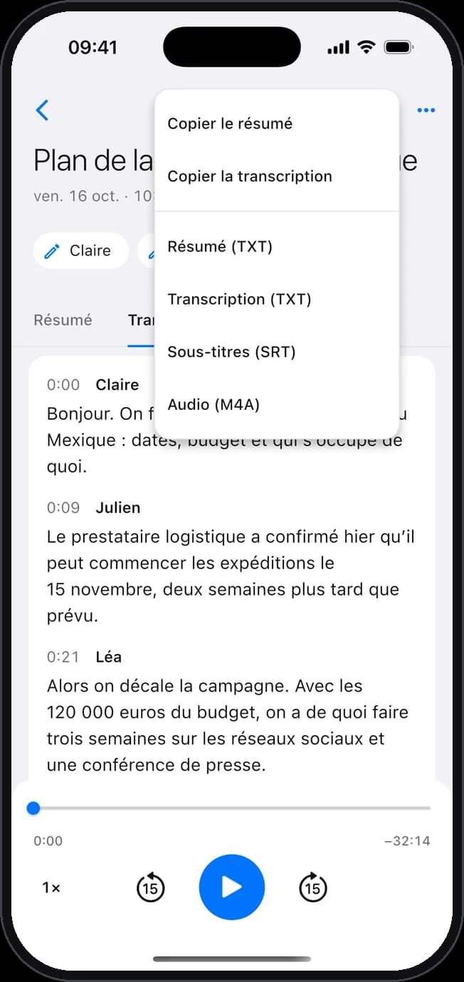 Le menu pour copier le résumé ou la transcription, ou les exporter en texte, en sous-titres ou en audio.
