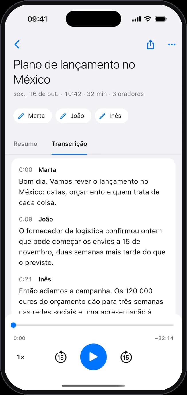 O Transcriptor no iPhone: a transcrição de uma reunião, com o nome de quem fala.