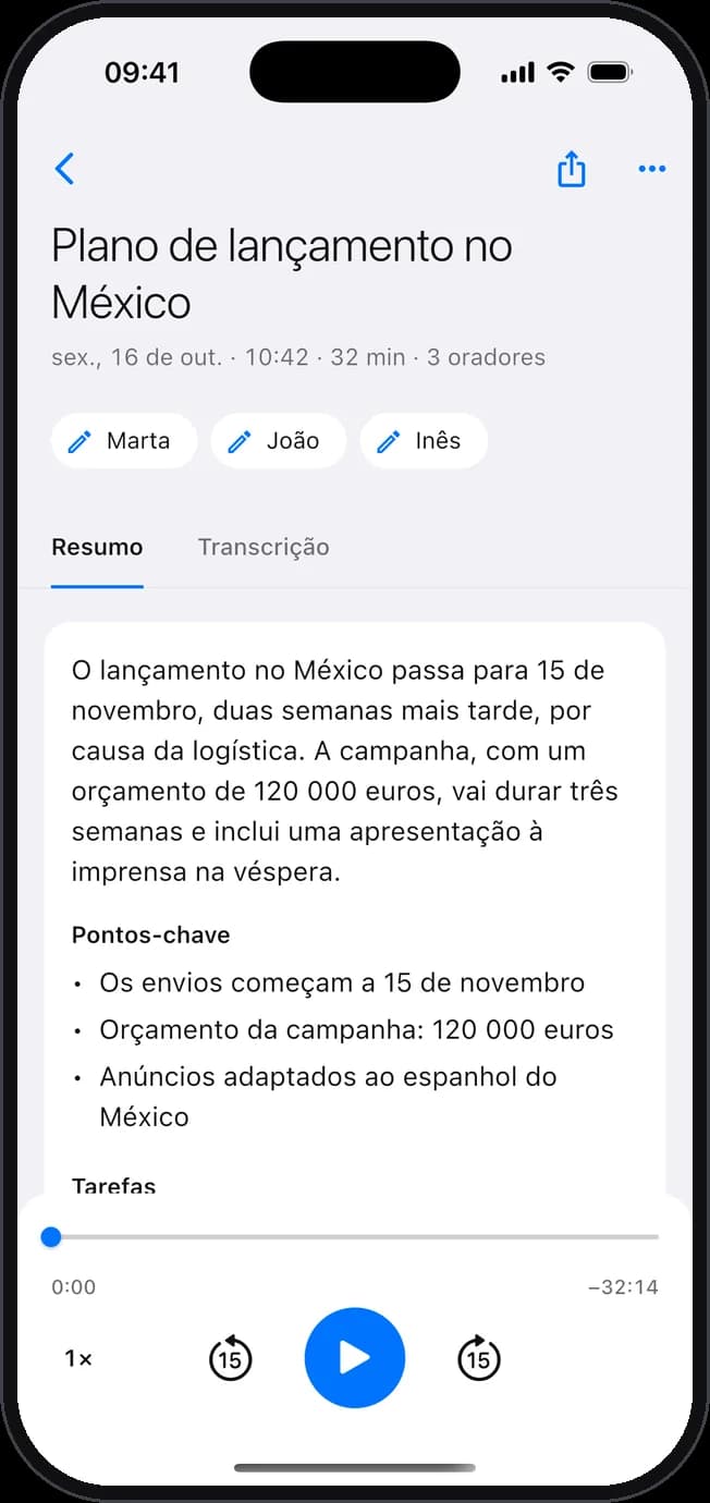 O resumo de uma reunião no iPhone, com os pontos-chave e as tarefas.