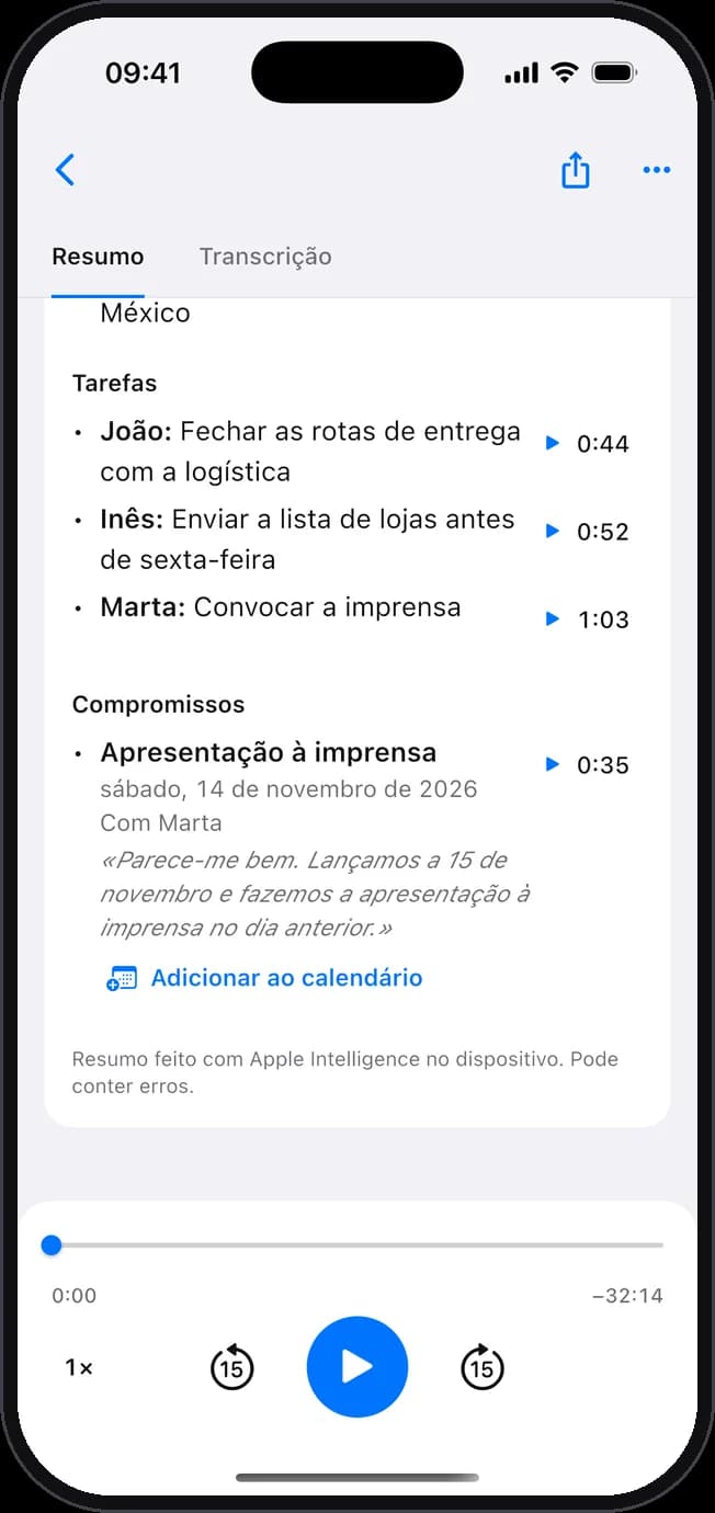 As tarefas de uma reunião, com o responsável, e um compromisso pronto a adicionar ao calendário.
