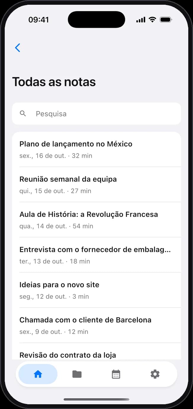 A lista de todas as notas, com a pesquisa.