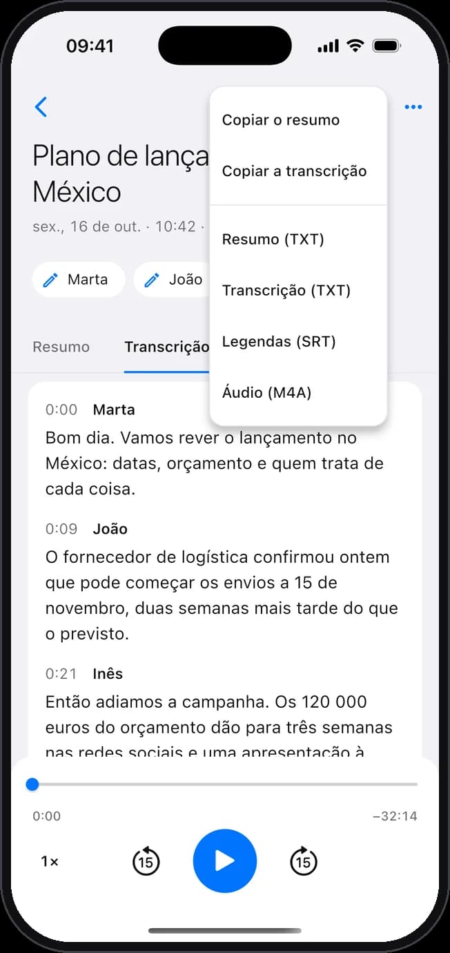 O menu para copiar o resumo ou a transcrição, ou exportá-los em texto, em legendas ou o áudio.