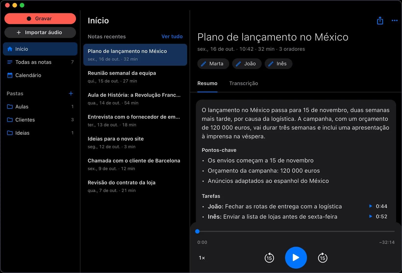O Transcriptor no Mac: a lista de notas e o resumo de uma reunião.