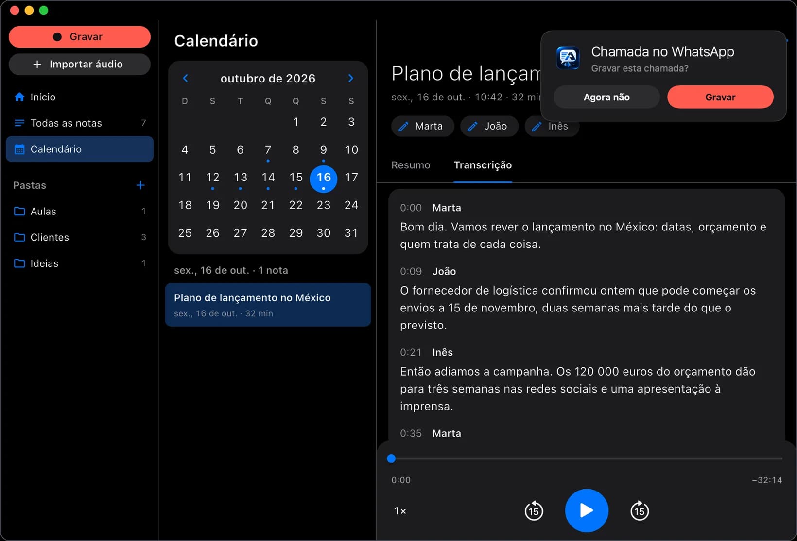 A pequena janela do Mac que pergunta se quer gravar uma chamada do WhatsApp.