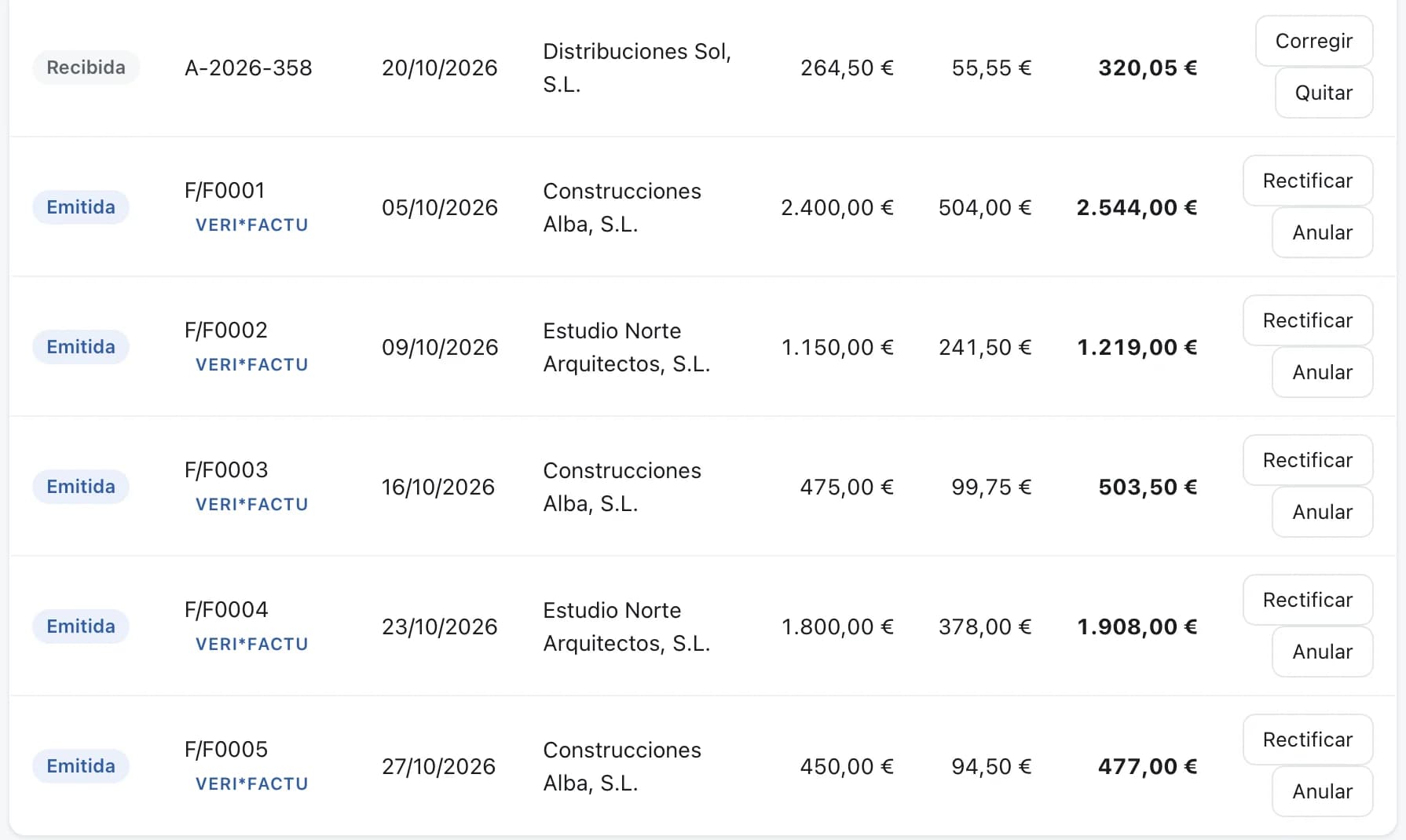 La lista de facturas emitidas, cada una con la marca VERI*FACTU