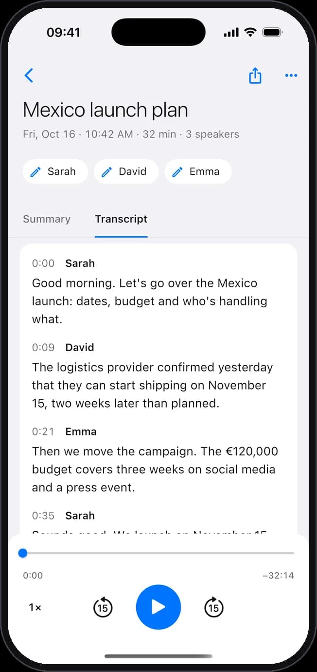 Transcriptor on the iPhone: the transcript of a meeting, with the name of each speaker.