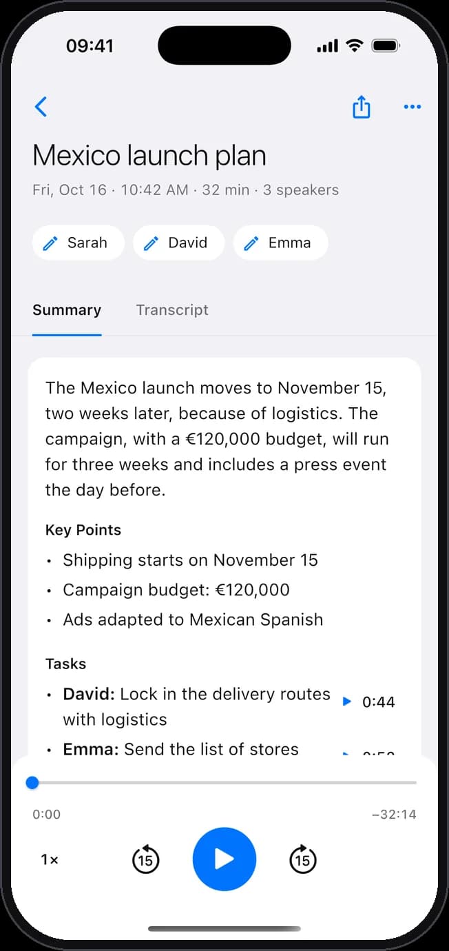 The summary of a meeting on the iPhone, with its key points and tasks.
