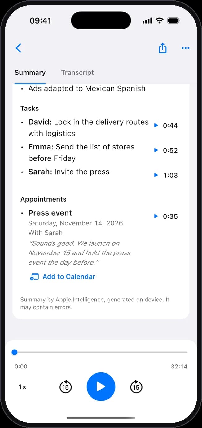 The tasks of a meeting, each with its owner, and an appointment ready to add to the calendar.