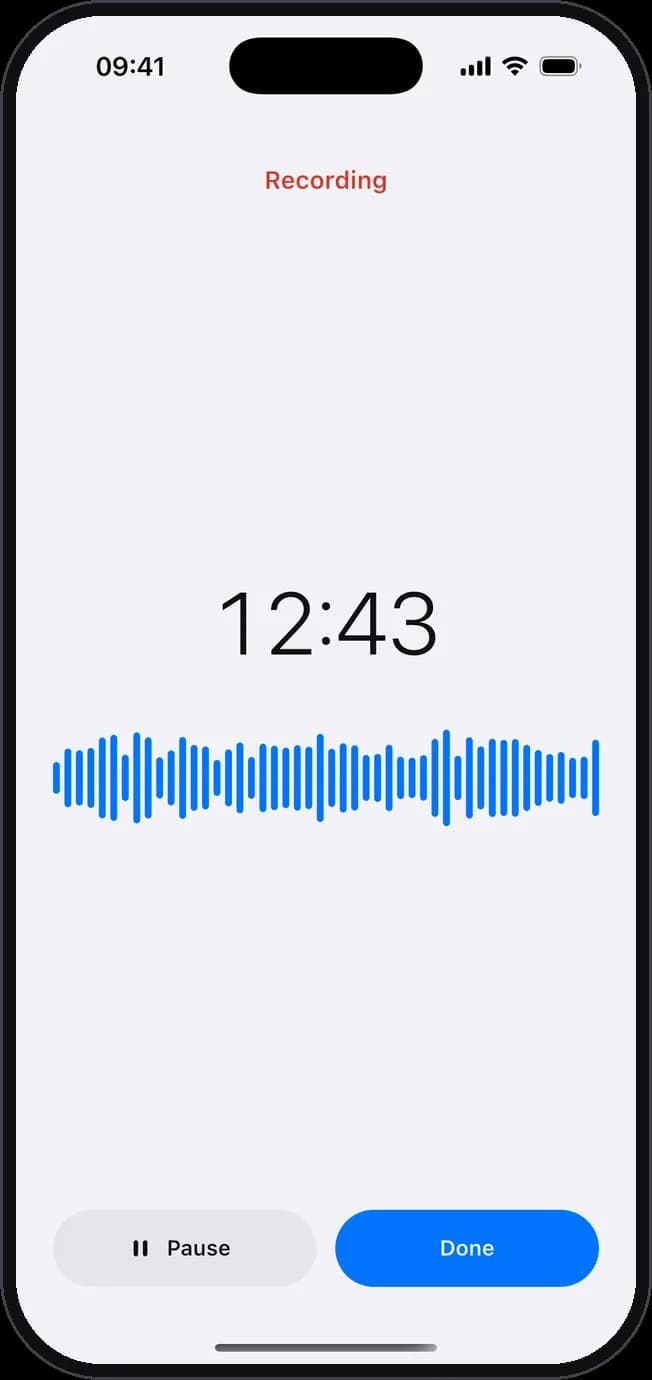 A recording in progress on the iPhone, with buttons to pause and finish.