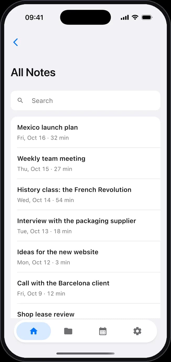 The list of all notes, with the search field.