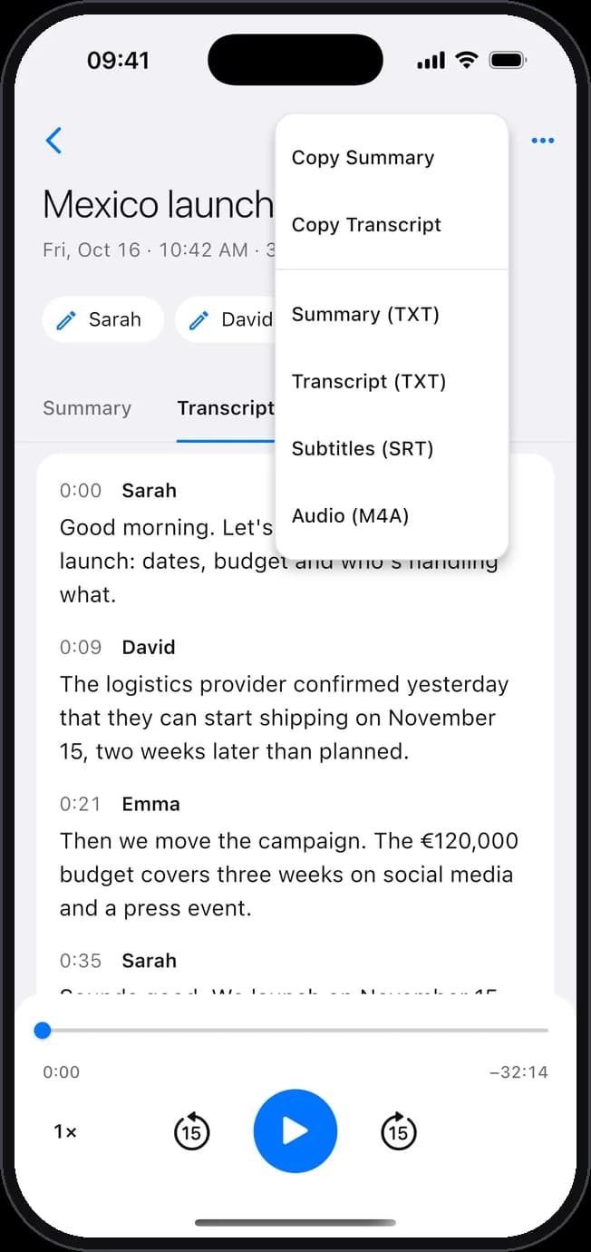 The menu to copy the summary or the transcript, or export them as text, subtitles or audio.