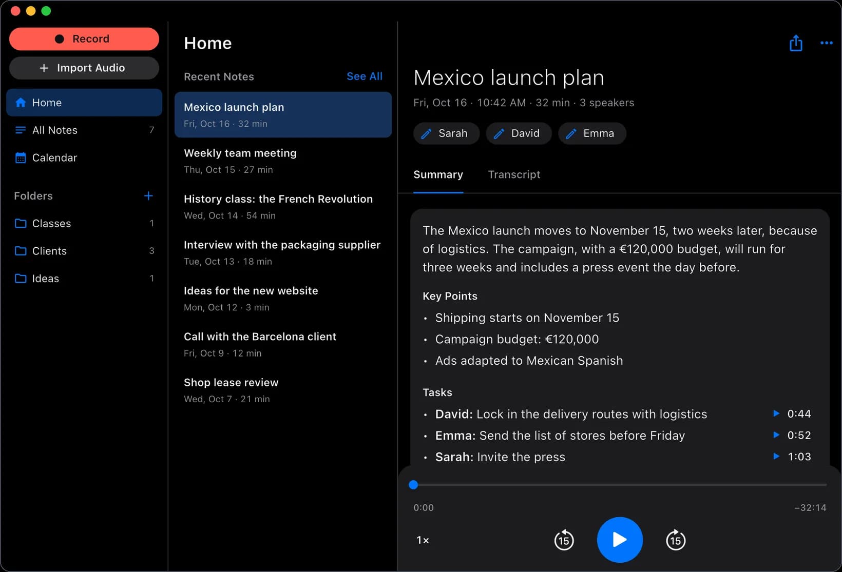 Transcriptor on the Mac: the list of notes and the summary of a meeting.