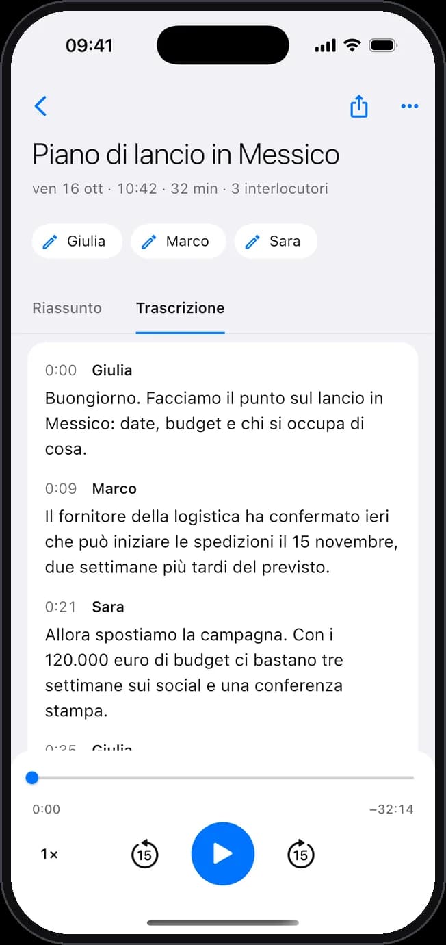 Transcriptor sull’iPhone: la trascrizione di una riunione, con il nome di chi parla.