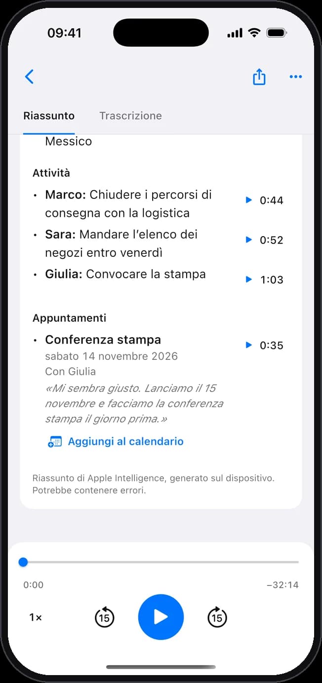 Le attività di una riunione, con il responsabile, e un appuntamento pronto da aggiungere al calendario.