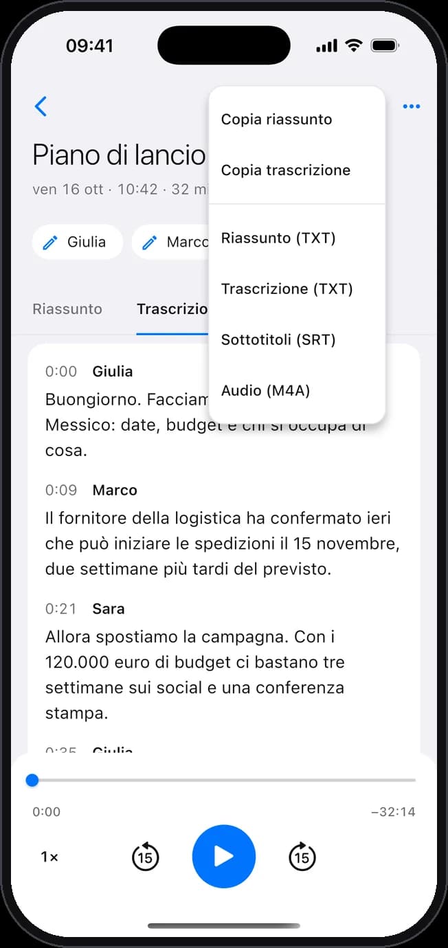 Il menu per copiare il riassunto o la trascrizione, o esportarli in testo, in sottotitoli o l’audio.