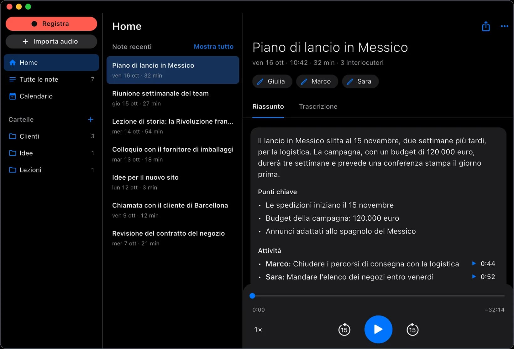 Transcriptor sul Mac: l’elenco delle note e il riassunto di una riunione.