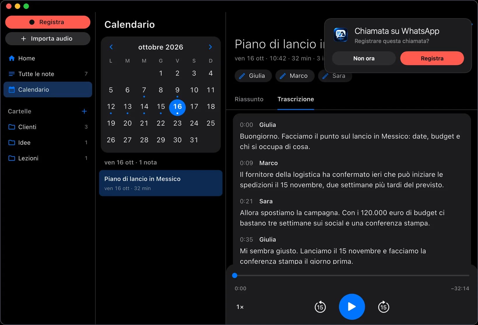 La piccola finestra del Mac che chiede se registrare una chiamata di WhatsApp.