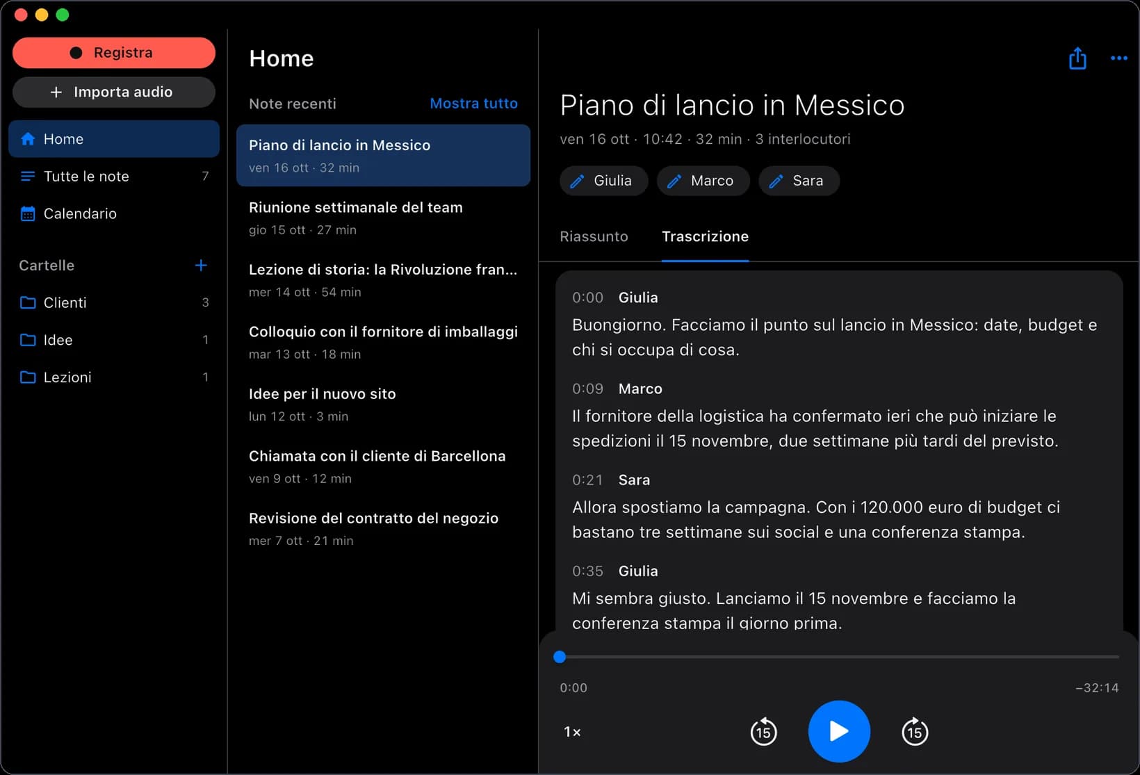La trascrizione di una riunione sul Mac, con il nome di ciascuna delle tre persone.